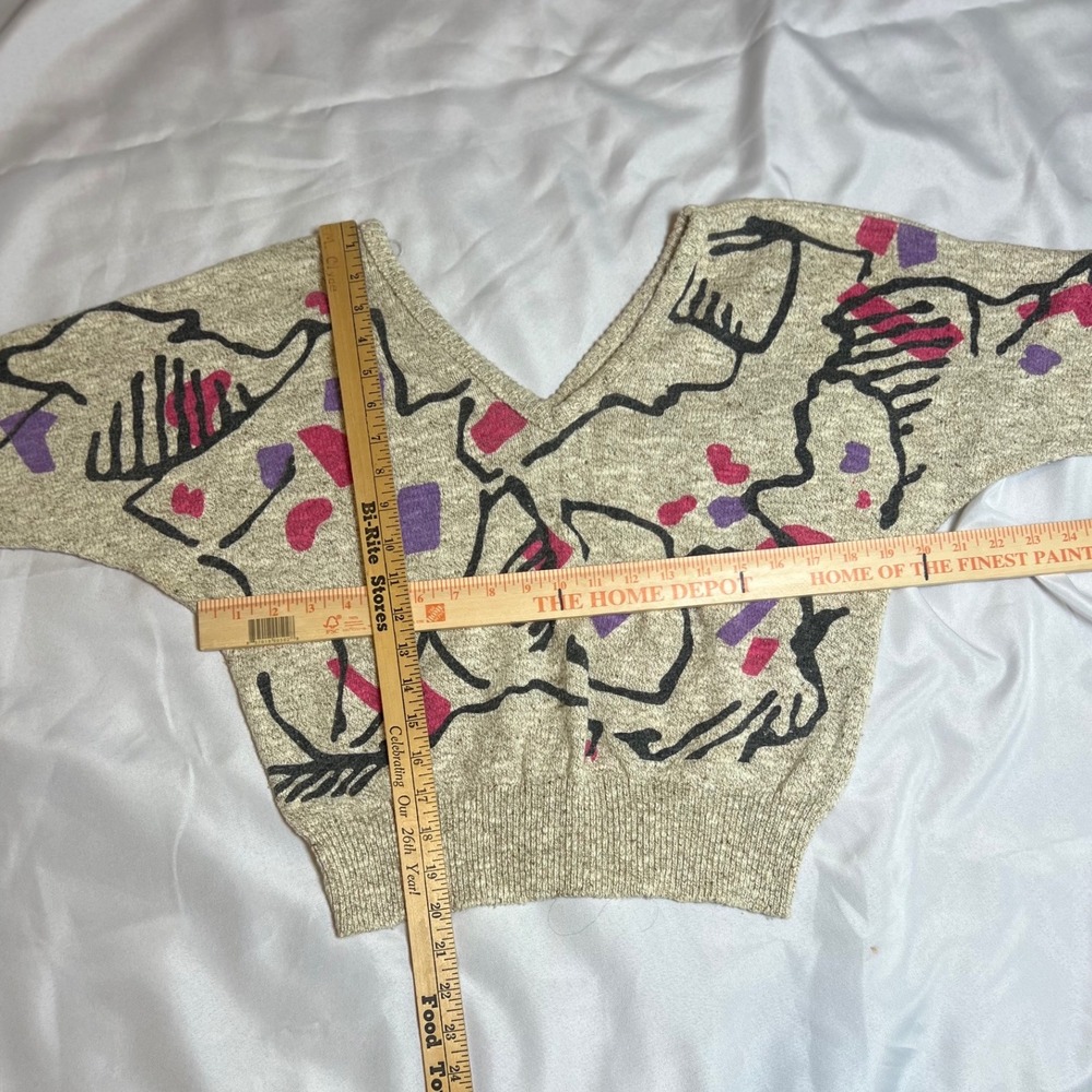Vintage Beldoch‎ Popper Abstract Knit Sweater V-Neck Batwing Oatmeal USA Made - Picture 2 of 5